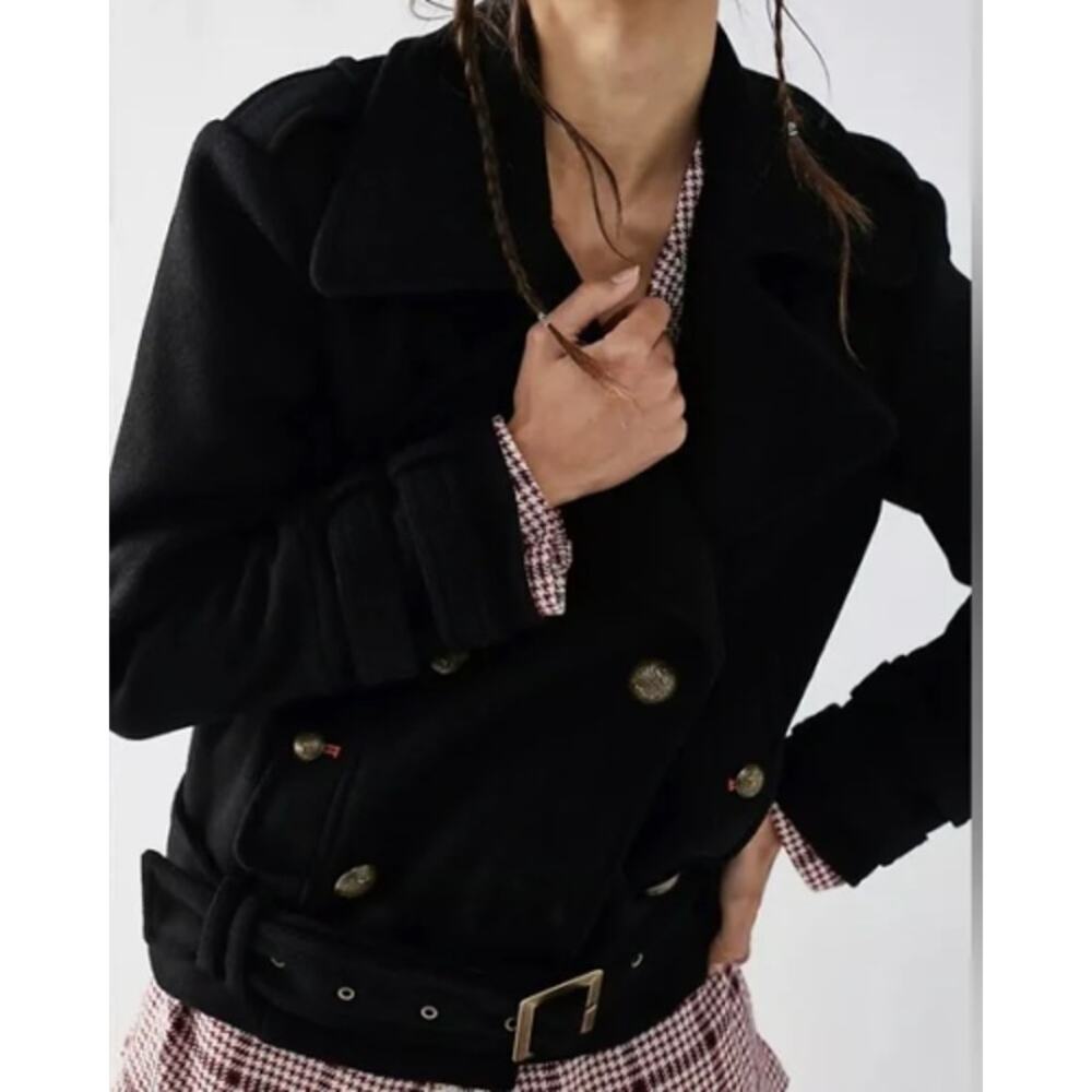 Free People Cecelia Peacoat Jacket Coat Button Front Buckle Detail Black Size M - Picture 2 of 15